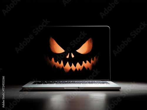 A glow-in-the-dark laptop screen with a Halloween face is a spooky technology concept for cybersecurity, online threats, or holiday digital campaigns. Pumpkin head, jack-o-lantern
