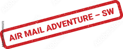 A red rectangular stamp announces Air Mail Adventure SW in a grunge texture