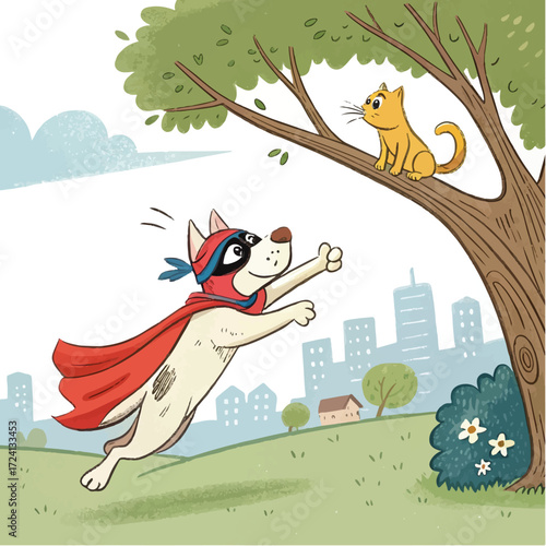 Superhero Dog Rescuing Cat in Tree – Fun Cartoon Illustration for Kids
