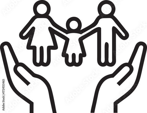 Family care protection concept with hand and stick figure family
