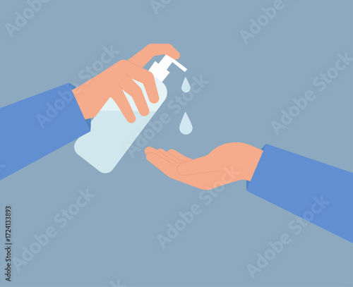 Flat vector of hand hygiene—dispensing sanitizer or soap, emphasizing cleanliness, safety, and preventive care in healthcare or public settings