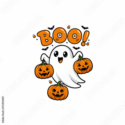 Cute halloween ghost with pumpkins bats and candy boo design for spooky season halloween party and trick or treat 100