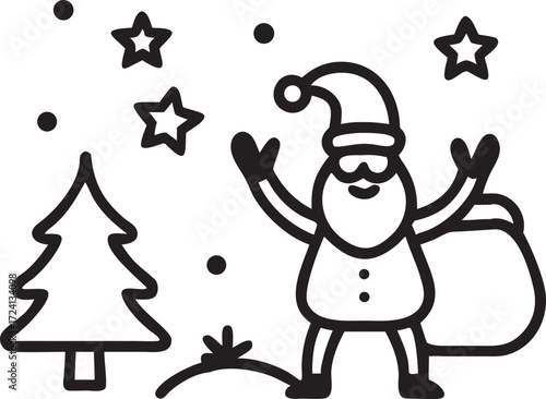 Happy Santa Claus with Gifts and Christmas Tree Black Line Art