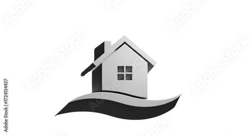 3D rendered gray house icon on a wavy base, modern minimalist home illustration, real estate property logo design, white background.