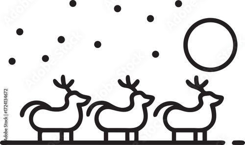 Reindeer silhouette Christmas scene with full moon and snow falling