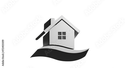 Sleek 3D grayscale house icon with chimney and window on a wavy dark foundation. Modern real estate property home graphic.