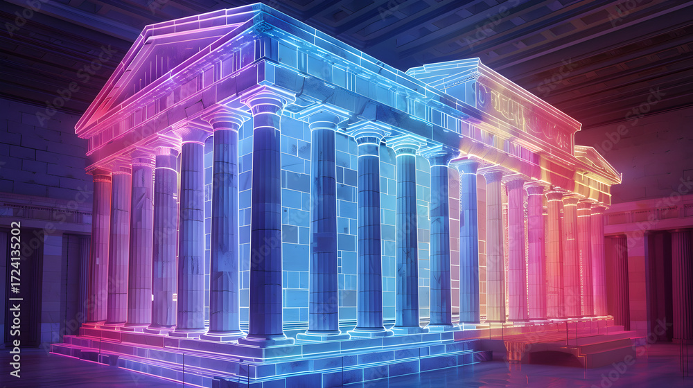 Obraz premium A vibrant digital rendering showcases a classical building illuminated with neon lights, blending ancient architecture with modern digital art