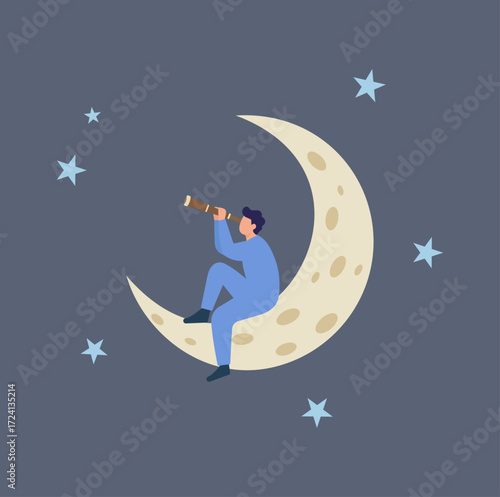 Whimsical flat vector of a dreamer on a crescent moon with telescope, exploring stars and the night sky in imaginative wonder