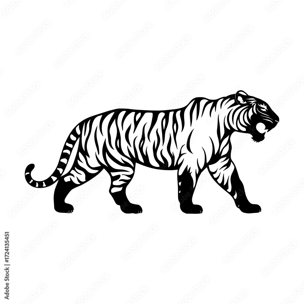 Obraz premium Unique Tiger Silhouette Vector Logo Designs Black on White with Dynamic Poses, Stripes, Roaring, Walk, Head, Leaping, and Powerful Artistic Illustrations for Premium Icon Graphic Design