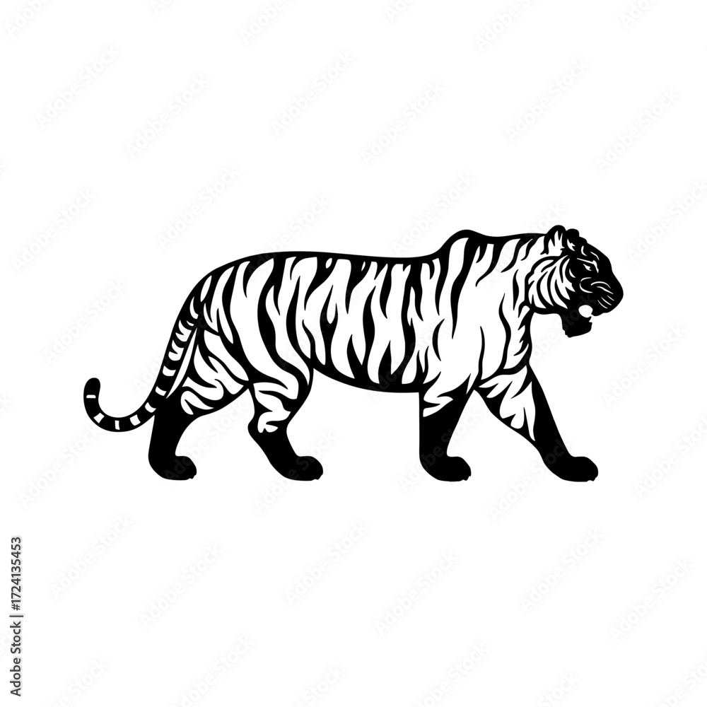 Obraz premium Unique Tiger Silhouette Vector Logo Designs Black on White with Dynamic Poses, Stripes, Roaring, Walk, Head, Leaping, and Powerful Artistic Illustrations for Premium Icon Graphic Design
