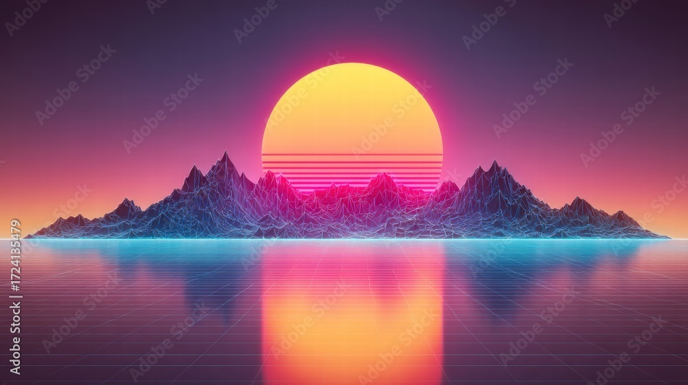 Obraz premium Retro sunset over mountains reflecting on a grid, a vibrant digital landscape.