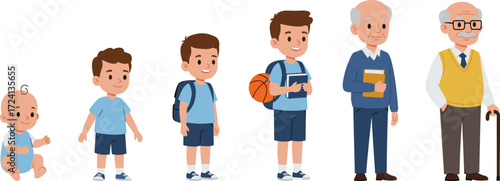 Life stages of man from baby to elderly grandfather, growing up process, childhood, teenage, adulthood, senior old age illustration vector