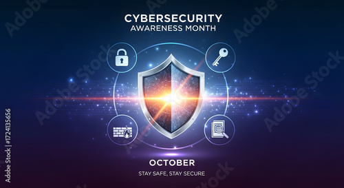 October Cybersecurity Awareness Month: Stay safe and secure with digital protection, featuring lock, key, firewall and security icons.