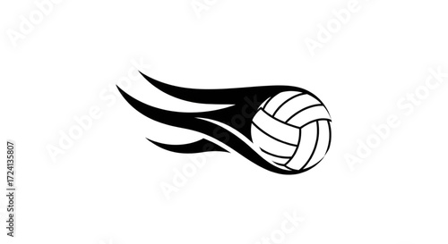 Dynamic black and white flying volleyball with speed flames graphic design. Sports game logo icon vector illustration isolated.