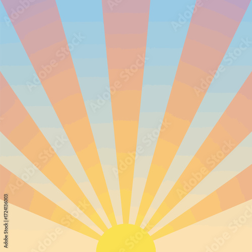 A bright sunburst with yellow and orange rays radiating outwards from the bottom, creating a captivating vintage comic book style design with a beautiful sky.