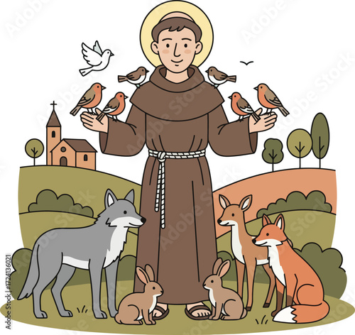 A peaceful image of Saint Francis of Assisi, the patron saint of animals, surrounded by a variety of woodland creatures including birds, rabbits, a wolf, and deer in a natural landscape.