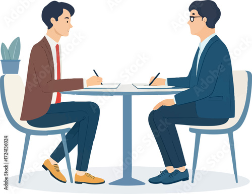 Business Job Interview Illustration – Two Professionals Sitting at Table in Office