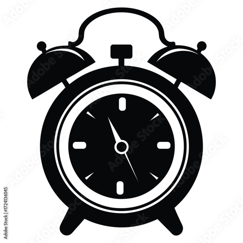 Alarm Clock Silhouette Vector, Classic Bell Timepiece Illustration, Retro Wake Up Clock Graphic Symbol for Time, Deadline, and Schedule EPS