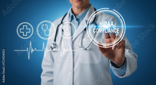 Doctor touching a glowing medical compliance icon on a futuristic digital interface