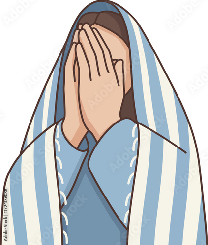 A person in traditional prayer shawl, covering face in deep spiritual devotion, expressing reverence, sorrow, or seeking divine solace during worship.