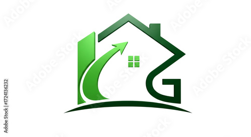 Modern green real estate logo featuring a house outline, integrated letter G, rising arrow, and building for property growth and development.