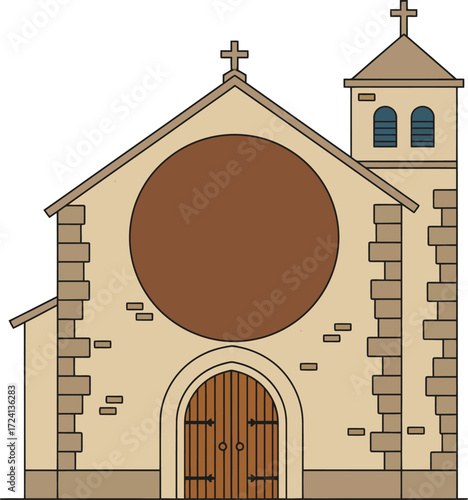 A stylized church building with a beautiful stained glass window featuring Saint Francis of Assisi.