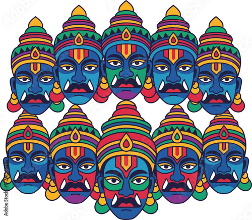 Intricate and colorful illustration of the ten heads of Ravana, a powerful demon king from Hindu mythology and the epic Ramayana