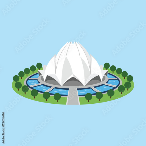 A beautiful isometric view of the iconic Lotus Temple in New Delhi, India, a famous Baha'i House of Worship known for its stunning flower-like architecture.