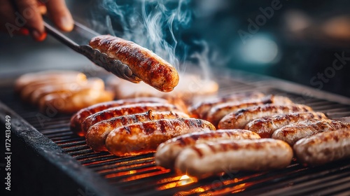 Fototapeta Naklejka Na Ścianę i Meble -  Sizzling sausages being grilled on a barbecue, ready to be served for a delicious meal.