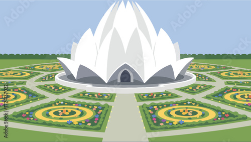 Stylized illustration of the beautiful Lotus Temple in New Delhi, India, a modern Baha'i House of Worship with stunning architecture