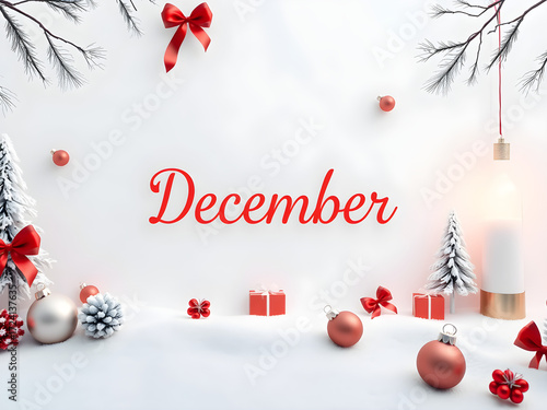 A white background with red bows and a red word that says December