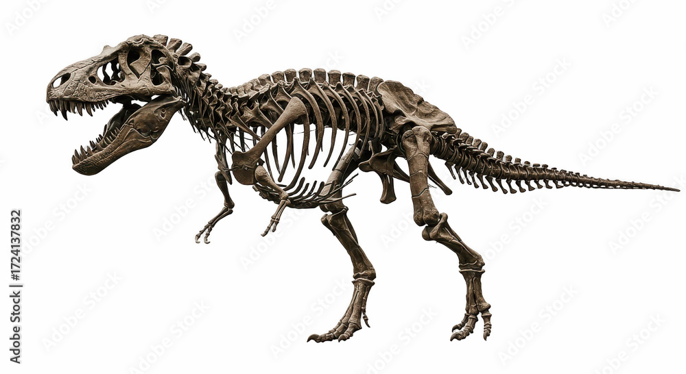 Fototapeta premium skeleton of a Tyrannosaurus rex isolated on a clean white background, dinosaur, skeleton, fossil, bones, extinct, paleontology