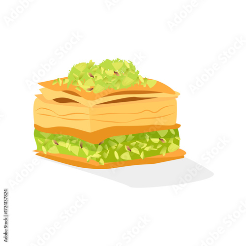 A square piece of pistachio baklava, a traditional dessert of Maghrebi cuisine