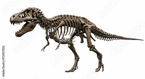 Fototapeta Naklejka Na Ścianę i Meble -  skeleton of a Tyrannosaurus rex isolated on a clean white background, dinosaur, skeleton, fossil, bones, extinct, paleontology