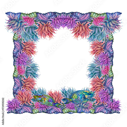 Square frame with a rainbow tropical parrotfish among vibrant corals, sea anemones. Watercolor floral template for marine designs, cards, stickers, scrapbooking, textiles, diving, snorkeling