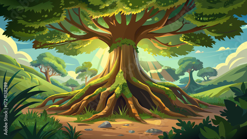 Majestic scene of a giant tree with thick roots and a sturdy trunk surrounded by lush greenery and sunlight filtering through leaves