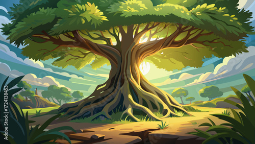 Majestic scene of a giant tree with thick roots and a sturdy trunk surrounded by lush greenery and sunlight filtering through leaves