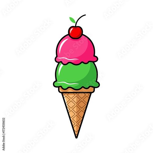 Delicious double scoop ice cream cone with cherry on top, perfect for summer treats and dessert menus, originally a scalable vector graphic