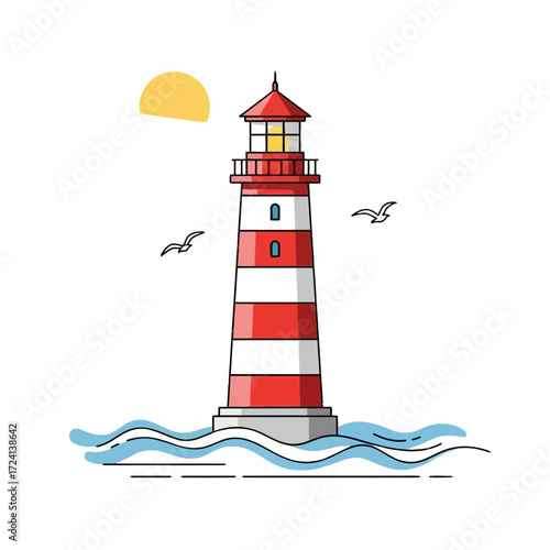 Striking lighthouse beacon guiding ships, a symbol of safety and hope, perfect for coastal travel and nautical themes. Vector design for versatile use
