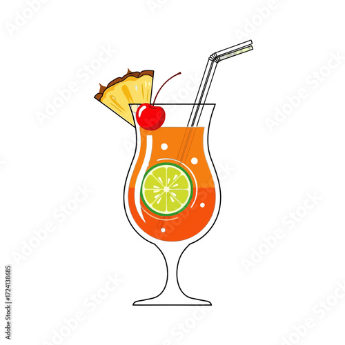 Enjoy a refreshing tropical cocktail with pineapple, cherry, and lime, served in a stylish glass with a straw, perfect for summer vibes and vacation relaxation