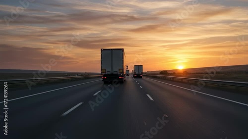 Truck driving on highway at sunset. Cargo logistics on a road trip. Transport industry delivery service footage.
