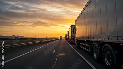 Convoy of semi trucks driving on a highway during a scenic golden hour sunset, showing freight transport and logistics footage