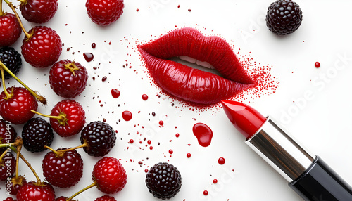 A red lipstick is placed on a table with a bunch of blackberries