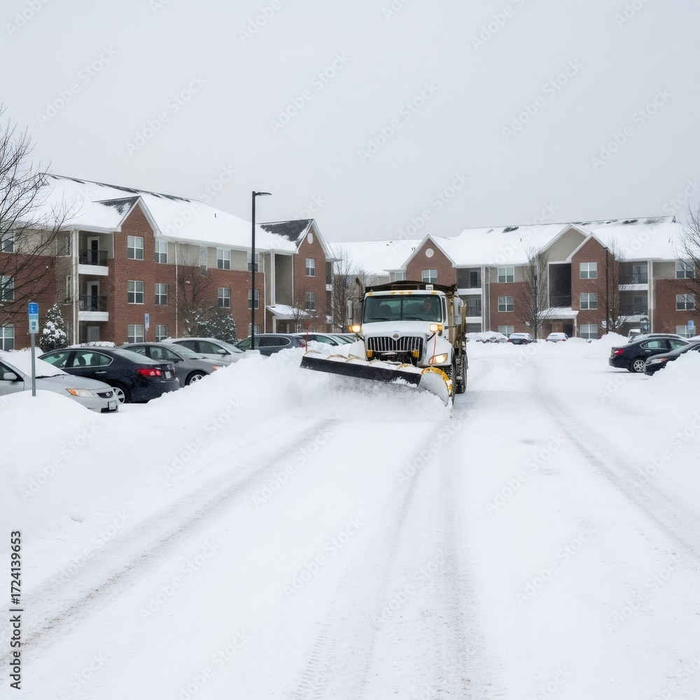 Fototapeta premium Snow plow truck clearing parking lot in front of apartment building. Winter weather maintenance and snow removal service concept.