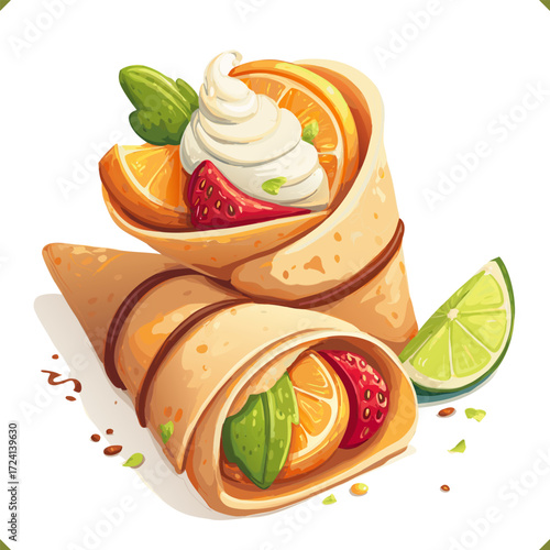 Vector illustration of Japanese street crepe filled with fruit and whipped cream, rolled cone style, in flat vector style, isolated on a white background