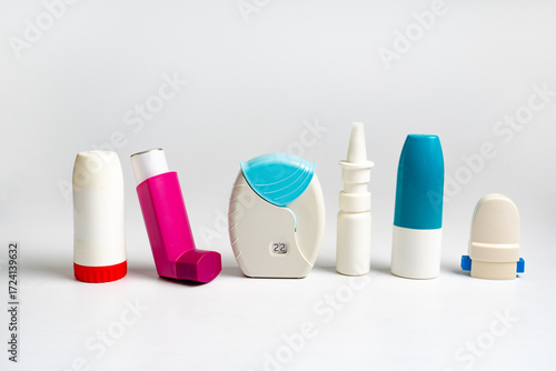 Set of asthma inhalers for asthma and COPD patients. Bronchodilator medicine with salbutamol for patients with asthma, allergy and Chronic Obstructive Pulmonary Diseaseon on white background.