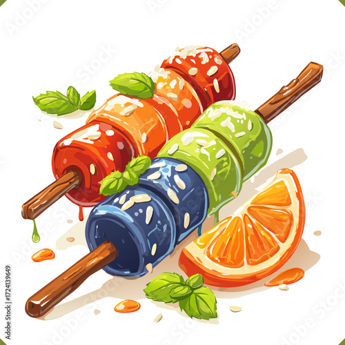 Vector illustration of colorful Japanese dango skewers with sweet sauce, seeds and citrus, traditional dessert snack, isolated on a white background