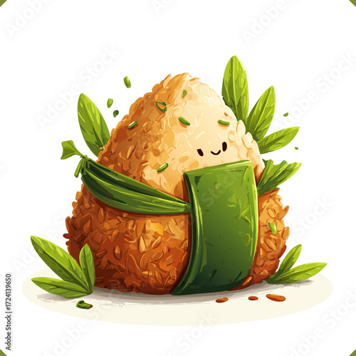 Vector illustration of Japanese onigiri rice ball with sesame seeds, seaweed wrap, and fresh leaves, traditional food, isolated on a white background