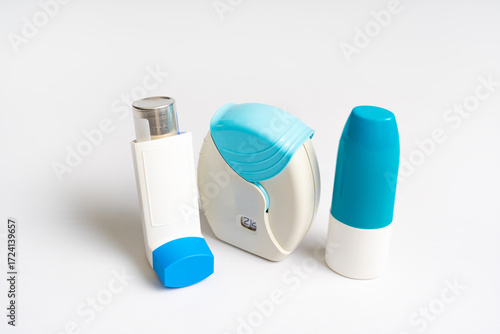 Set of asthma inhalers for asthma and COPD patients. Bronchodilator medicine with salbutamol for patients with asthma, allergy and Chronic Obstructive Pulmonary Diseaseon on white background.