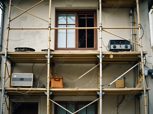 A house with a window and a basket on the scaffolding
